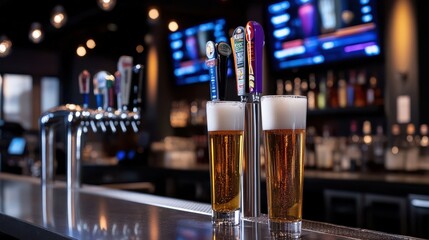 Two Glasses of Beer on Bar Counter with Beer Taps and Blurred Background, Refreshing Beverages, Pub Scene, Nightlife, Craft Beer, Alcohol