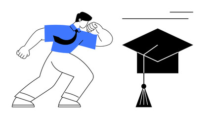 Man leaning forward with determination, extending arm toward a graduation cap. Ideal for education, achievement, goals, ambition, learning, motivation academic progress. A simple flat metaphor