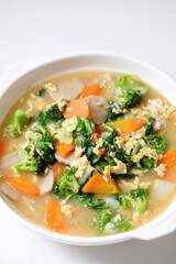 Capcay is a popular Chinese stir fried vegetables dish.Served on white plate.