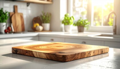Rustic wooden cutting board centerpiece in sunlit, modern kitchen, ready for culinary creations and showcasing fresh ingredients, perfect for food bloggers and recipe promotions