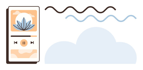 Mobile screen displaying a relaxation app with tranquil nature imagery, sound waves, and a cloud. Ideal for mindfulness, meditation, relaxation, wellness apps, self-care, stress relief wellness