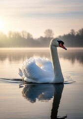 Fototapeta premium Majestic swan gracefully gliding on calm water with serene reflections in the tranquil morning light