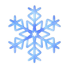 A 3D stylized iridescent blue snowflake with a six-pointed geometric design that incorporates chevron and diamond shapes.