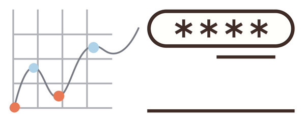 Line chart with data points showing growth trends, paired with password input box. Ideal for analytics, cybersecurity, technology, data protection, user interfaces, business strategy, simple flat