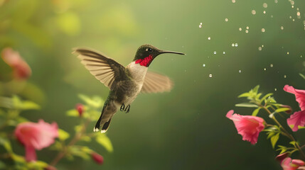 Ruby-throated Hummingbird (Male) with a Mandevilla Flower