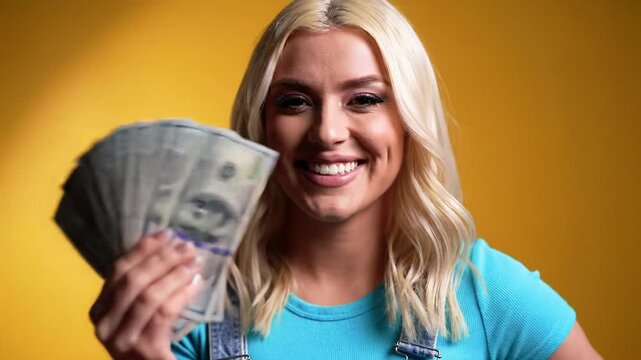 blonde woman in denim overalls joyfully wafting 100 dollar bills on vibrant yellow studio background, gentle push-in video. Concept of financial freedom and success