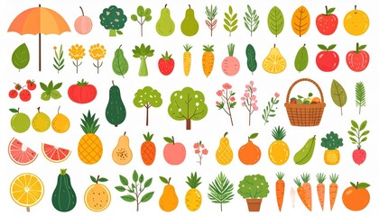 Spring and summer fruit and vegetable element set, vector illustration