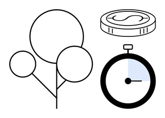 Stylized tree, stopwatch, and coin combine to depict nature, time management, and finance. Ideal for concepts of growth, sustainability, productivity, investment efficiency economy and planning