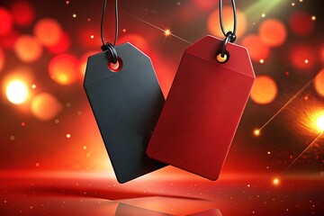 Two Hanging Gift Tags, Red And Black, On Sparkling Holiday Background

