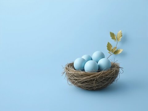 
keyword: nest, eggs, blue, bird, nature, spring, branch, leaves, golden, twig, natural, minim