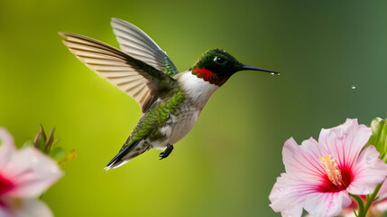 Ruby-throated Hummingbird (Male) with a Mandevilla Flower