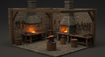 Rustic Blacksmith Workshop Forging Tools Anvils and Fiery Furnaces