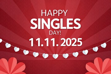 Happy Singles Day Celebration Graphic With Red Background, Heart Garland, and 11.11.2025 Date


