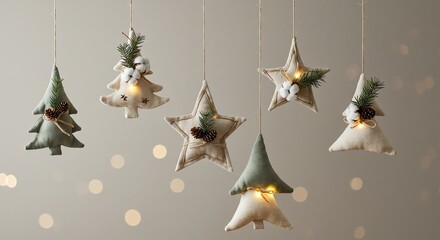 Fototapeta premium Rustic Holiday Decor Fabric Christmas Ornaments with Bokeh Background