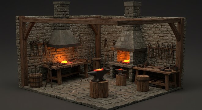 Rustic Blacksmith Workshop Forging Tools Anvils and Fiery Furnaces
