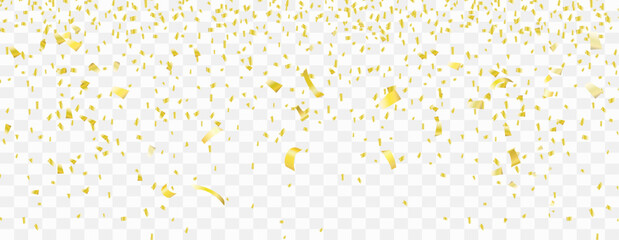 Confetti and streamers falling border on white background, festive celebration party decoration.