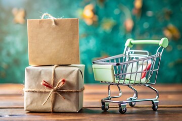 Gift Boxes and Tiny Shopping Cart on Wooden Table for Holiday Presents

