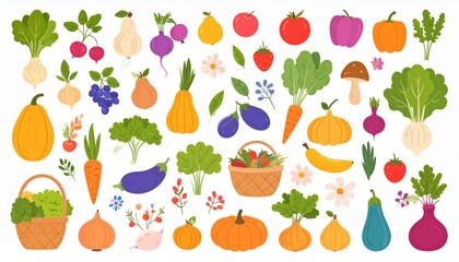 Obraz premium Spring and summer fruit and vegetable element set, vector illustration