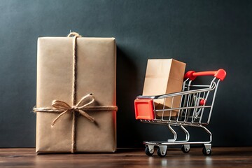 Gift Boxes and Tiny Shopping Cart on Wooden Table for Holiday Presents

