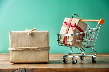 Gift Boxes and Tiny Shopping Cart on Wooden Table for Holiday Presents

