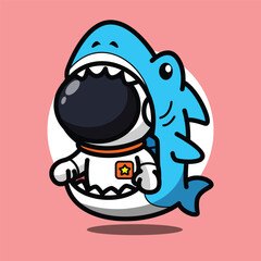 Cute Astronaut Bitten by Shark Illustration for Space Cartoon Character and Funny Ocean Concept