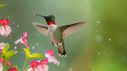 Ruby-throated Hummingbird (Male) with a Mandevilla Flower