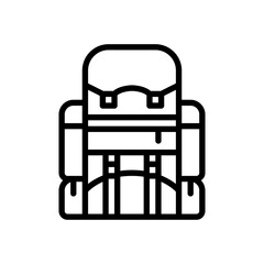 Minimalist black outline icon of a travel backpack on a transparent background representing adventure and exploration