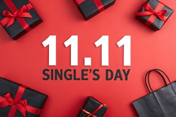 11.11 Singles Day Celebration With Gifts, Discounts, And Shopping Bags On Red Background

