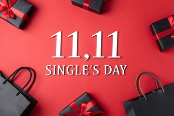 Singles Day 11.11 Gift Promotion With Red Gift Boxes And Shopping Bags Festive Sale


