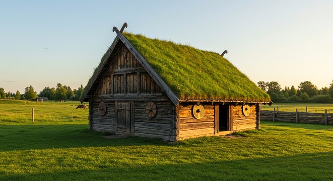 Rustic Viking House with a Green Roof in Golden Sunset Light - Powered by Adobe