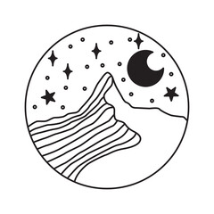 Minimalist illustration of a mountain peak under a starry night sky with a crescent moon and celestial bodies in a circular frame.