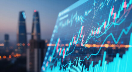 Digital Financial Charts Overlooking a Modern City