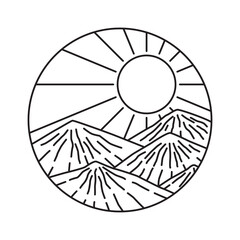 Minimalist Line Art Circle Featuring A Sunrise Over Jagged Mountain Peaks With Radial Sun Rays On A Transparent Background