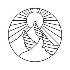 Minimalist Line Art Circular Emblem Featuring Jagged Mountain Peaks Under a Radiant Sun with Outward Sun Rays Symbolizing Adventure and Nature