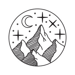 Minimalist Outline Drawing of Jagged Mountain Peaks Under a Crescent Moon and Stars in a Circle on a Transparent Background
