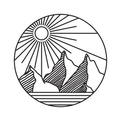 Minimalist Line Art Emblem Featuring Jagged Mountains Under a Radiant Sun With Visible Rays Set Against a Calm Water Horizon Line