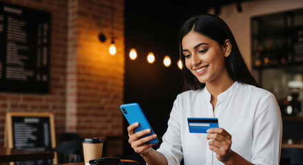 Happy Woman Shopping Online with Phone and Credit Card in Cafe