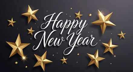 Sparkling golden stars and elegant script announce a joyful and festive happy new year celebration