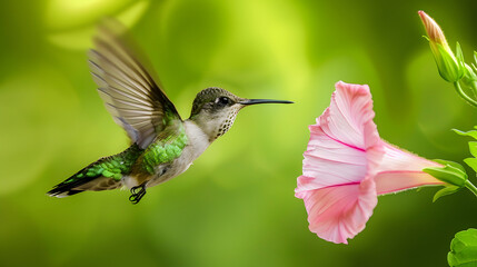 Ruby-throated Hummingbird (Male) with a Mandevilla Flower