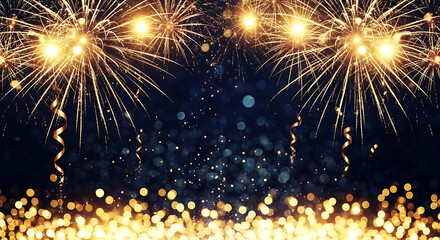 Fototapeta premium Bright golden fireworks bursting in the night sky with sparkling lights and confetti creating a festive celebratory atmosphere