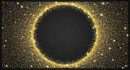 Abstract glowing golden particles forming a circular frame around a dark void with a starry nebula background