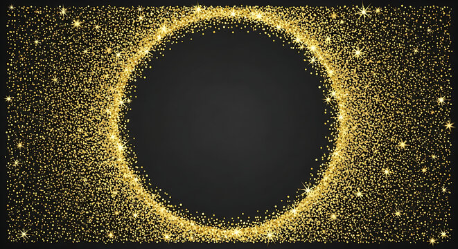 Abstract glowing golden particles forming a circular frame around a dark void with a starry nebula background