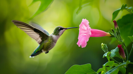 Ruby-throated Hummingbird (Male) with a Mandevilla Flower