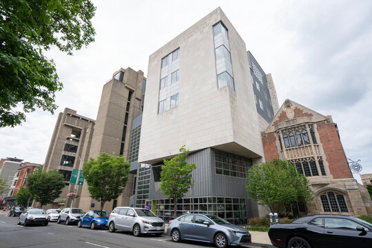 New Haven, CT, USA - July 2, 2022: The Jeffrey Loria Center for the History of Art, and Yale University School of Architecture's Paul Rudolph Hall on the university's campus in New Haven, Connecticut.
