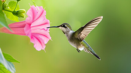 Ruby-throated Hummingbird (Male) with a Mandevilla Flower