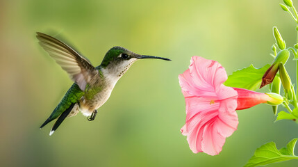 Ruby-throated Hummingbird (Male) with a Mandevilla Flower