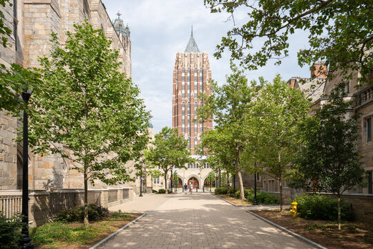 New Haven, CT, USA - July 2, 2022: Yale University campus in New Haven, Connecticut. The redesigned and refurbished Humanities Quadrangle (HQ) at 320 York Street is seen in the background.