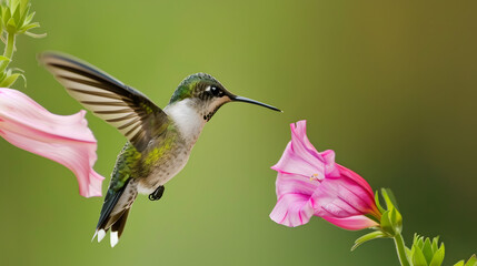 Ruby-throated Hummingbird (Male) with a Mandevilla Flower
