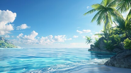 A photo of a clear blue sky over a tropical island.