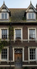 Obraz premium Detailed view of a historic brick building with dormers and intricate architectural details.